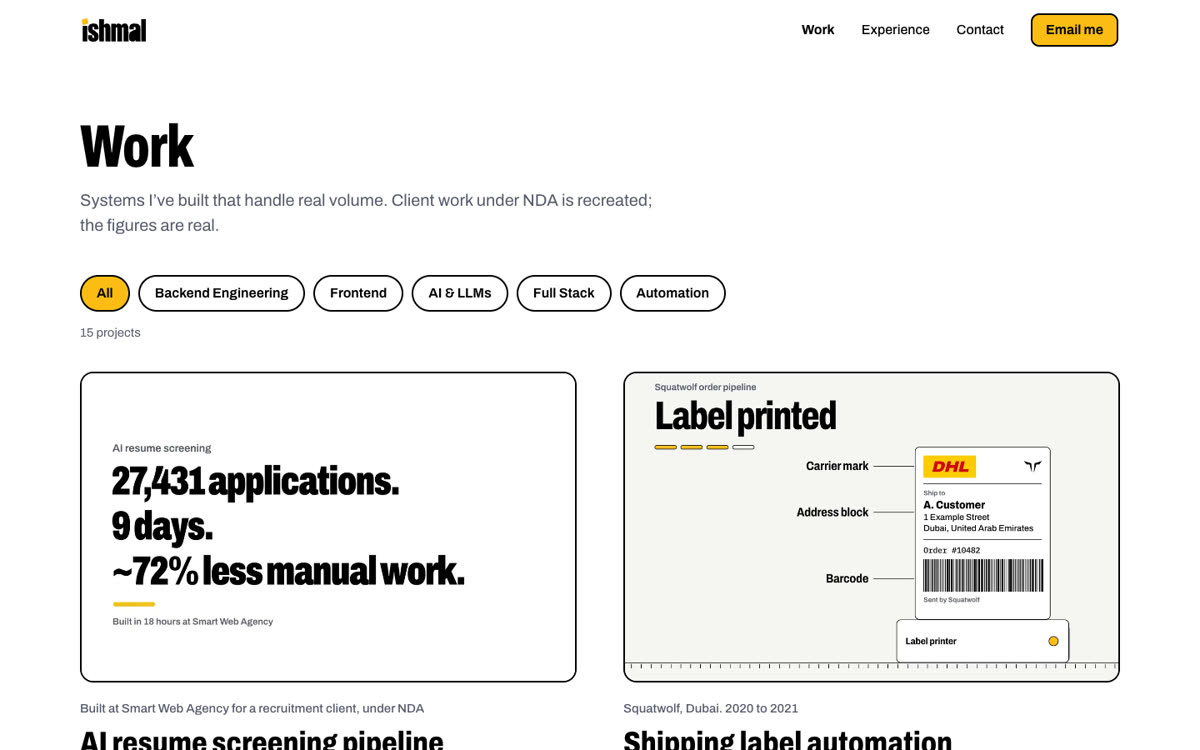 The work page: filter buttons above a two-column grid of project cards