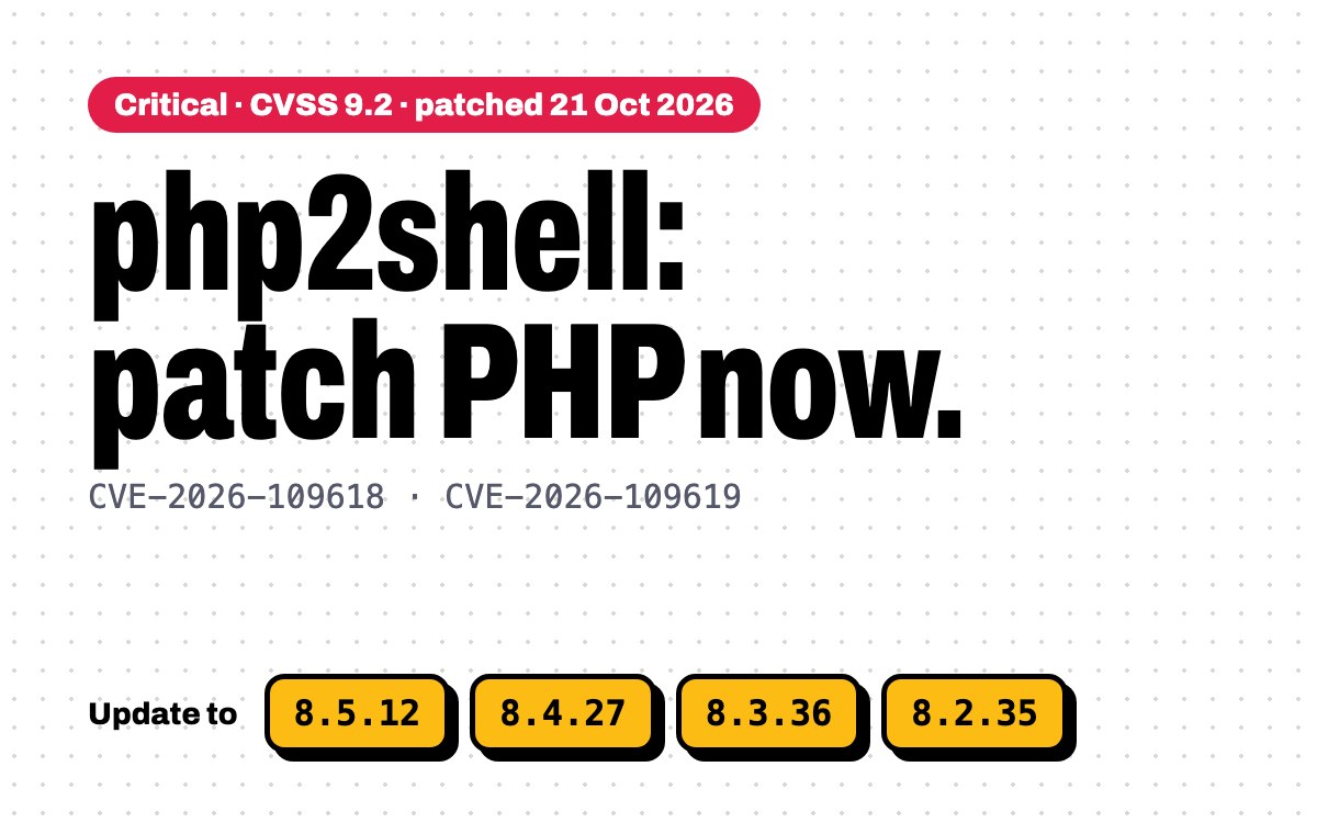 php2shell: patch PHP now. CVE-2026-109618 and CVE-2026-109619, fixed in PHP 8.5.12, 8.4.27, 8.3.36 and 8.2.35
